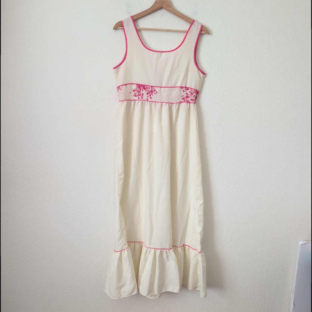 VTG 70s Saks Fifth Ave Cream‎ Pink Floral Lace Up Maxi Dress 34 Large Coquette - Picture 2 of 8